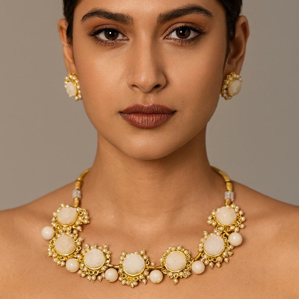Woman wearing a gold and white necklace with matching earrings against a neutral background