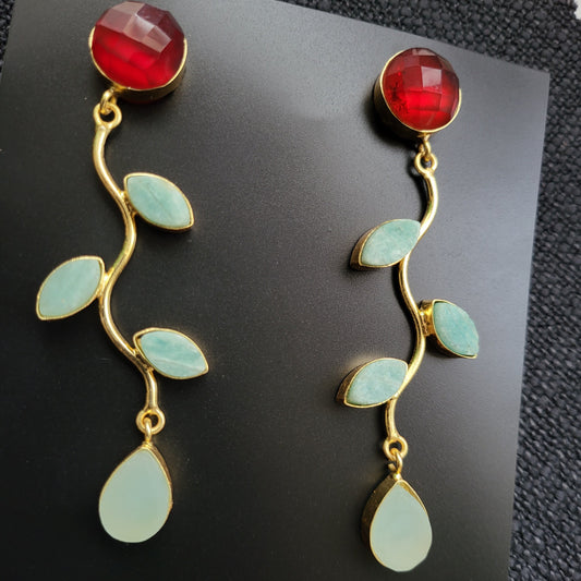Unique combination Red stone and Green blue leaf earrings 