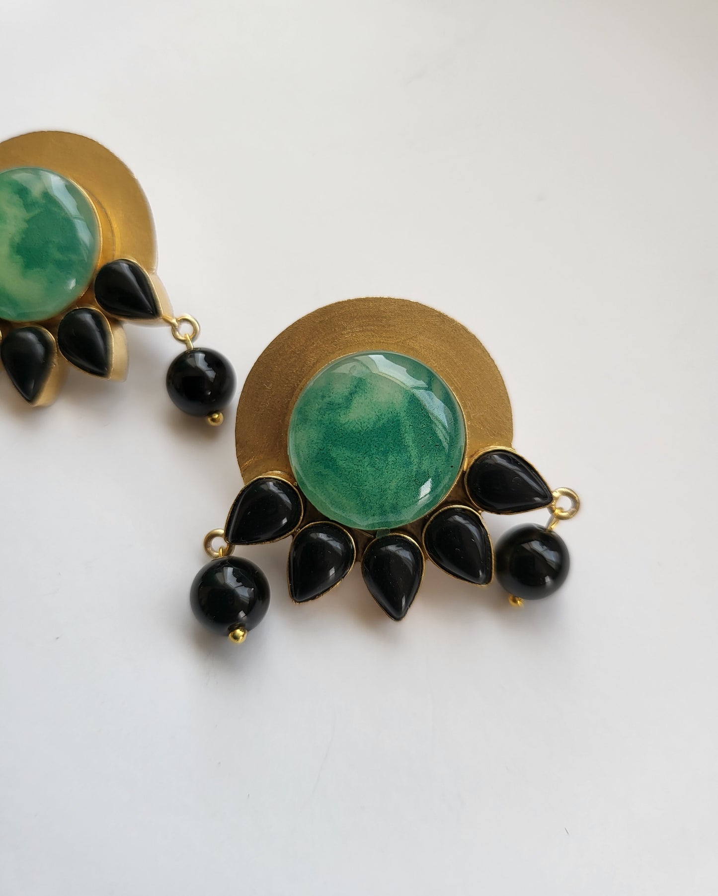 Green Opal and Black Beads Earrings