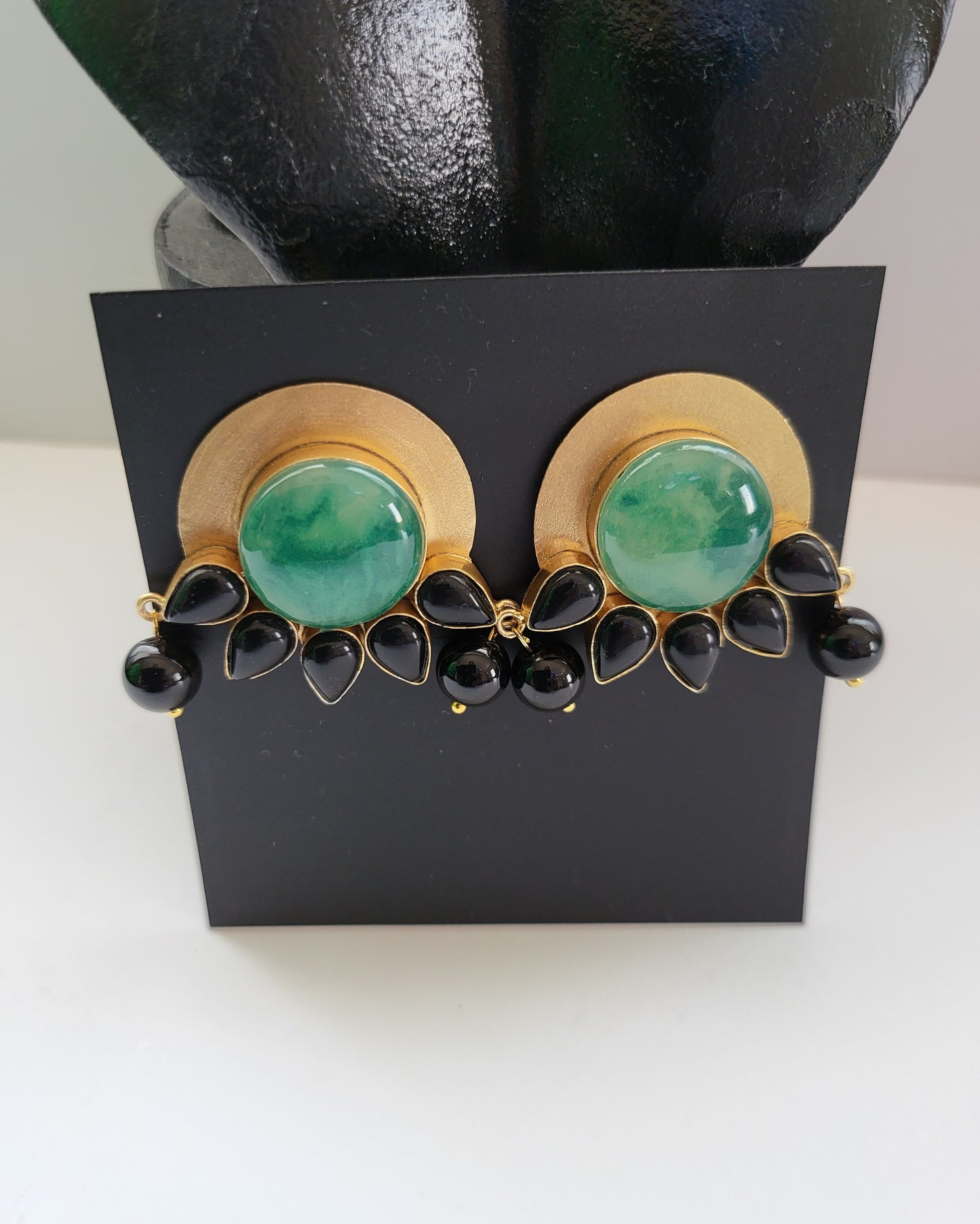 Green Opal and Black Beads Earrings